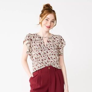 SO Floral Keyhole V-Neck Flutter Sleeve Top
